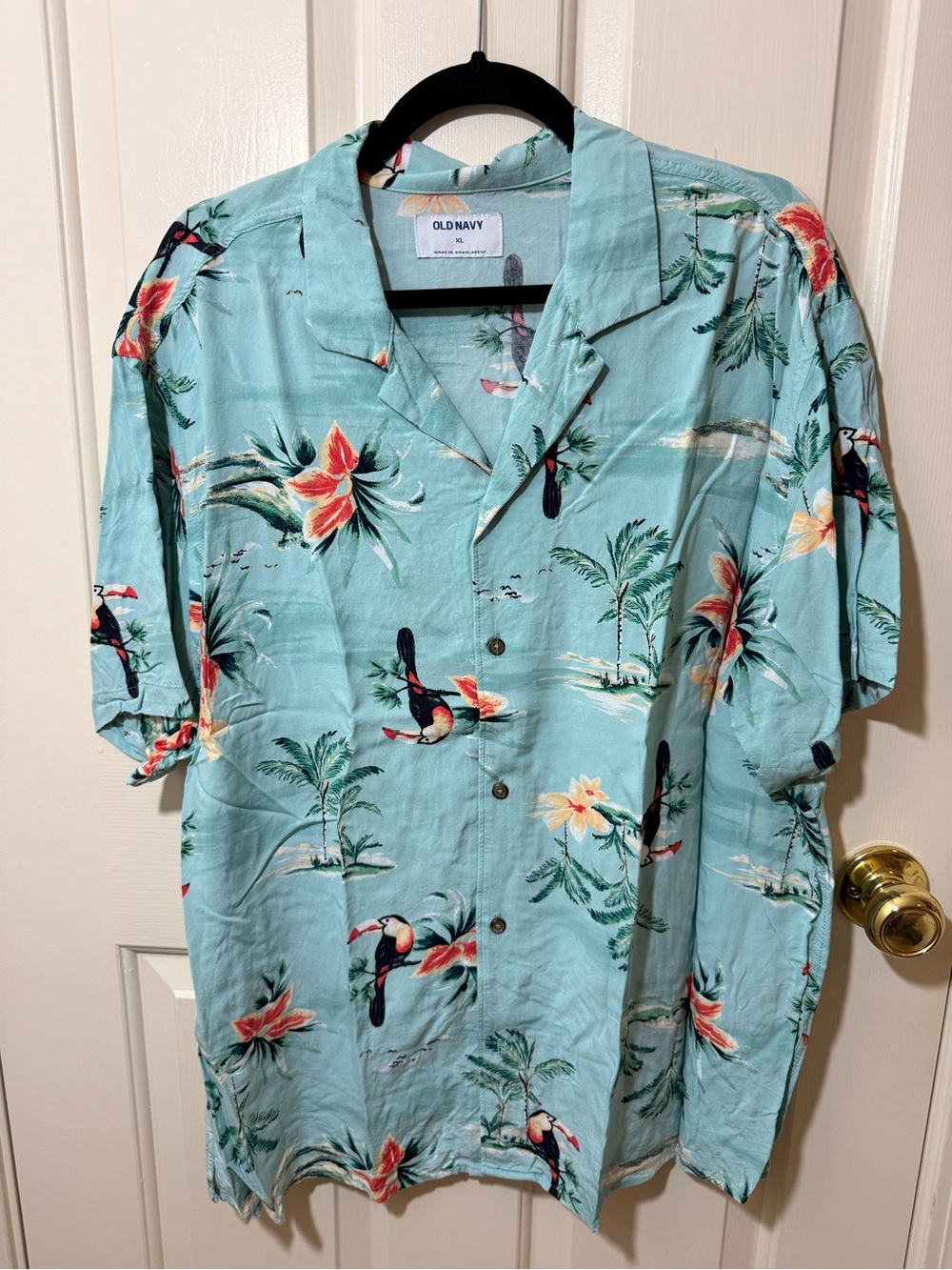 Old Navy Men’s Tropical Camp Shirt - Light Teal with Coral Accents